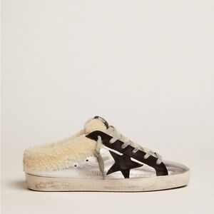Golden Goose Super-Star Sabots in silver laminated leather with black suede star